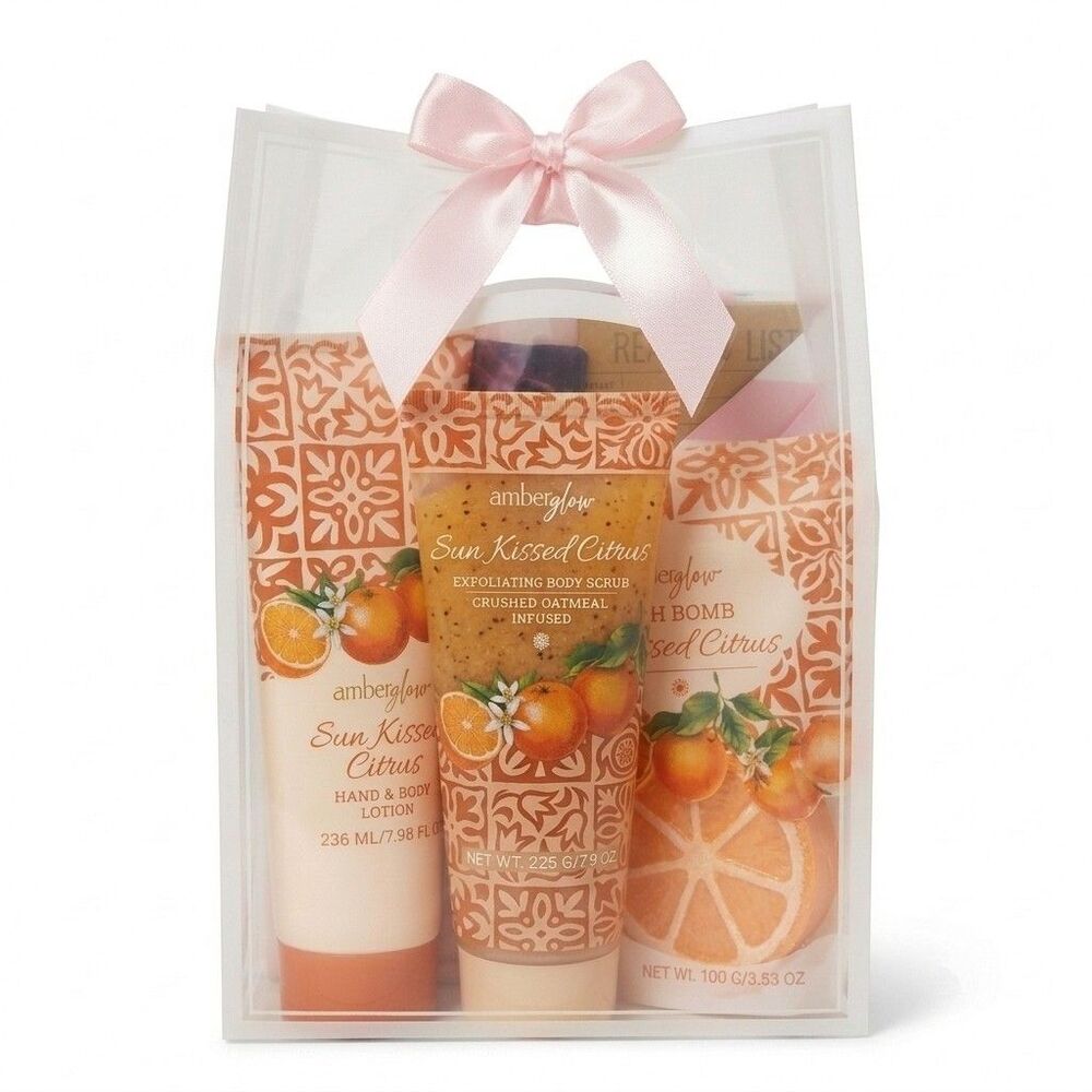 Amberglow Sun Kissed Citrus Spa Gift Set: Body Scrub, Lotion, Bath Bomb & More